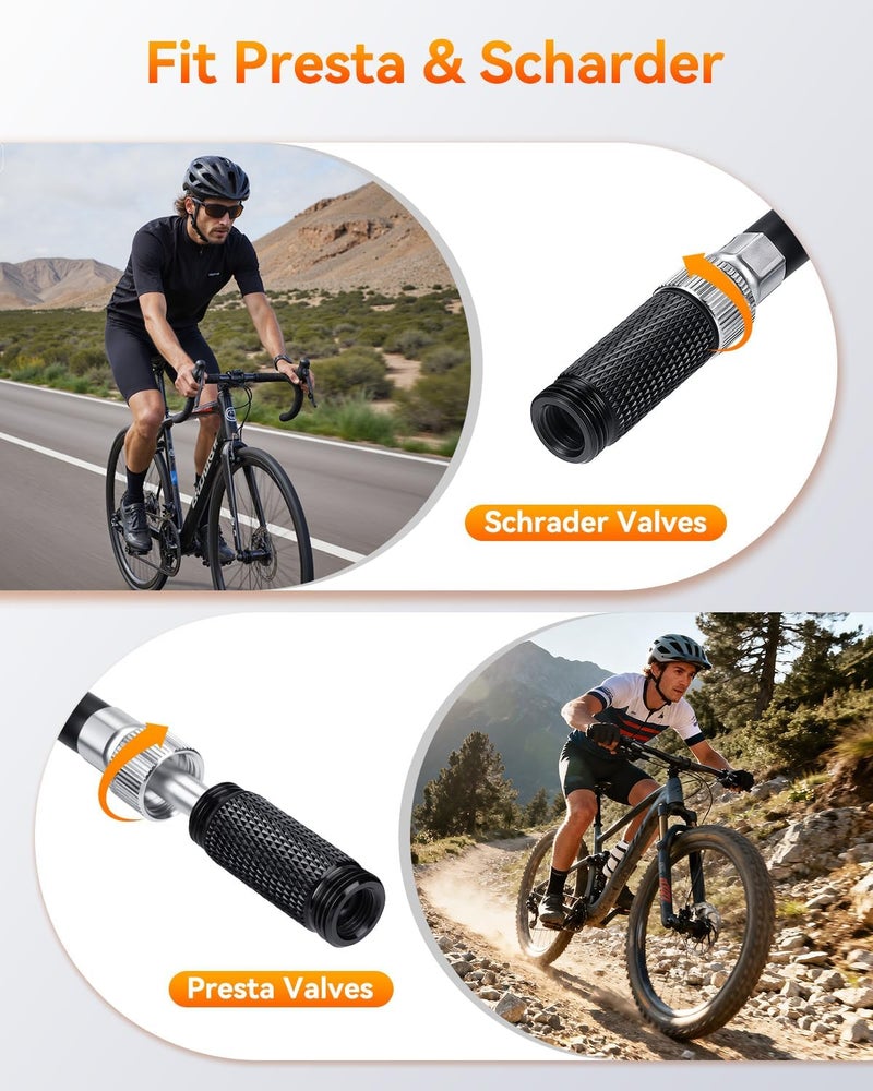 Onvian مضخة دراجة محمولة مع مقياس، 300 PSI مضخة هواء عالية الضغط لإطارات الدراجات ومضخة صدمات، مضخة يد صغيرة لصمامات بريستا وشرايدر، تعليق أمامي وخلفي، زر تفريغ الهواء - Image 4